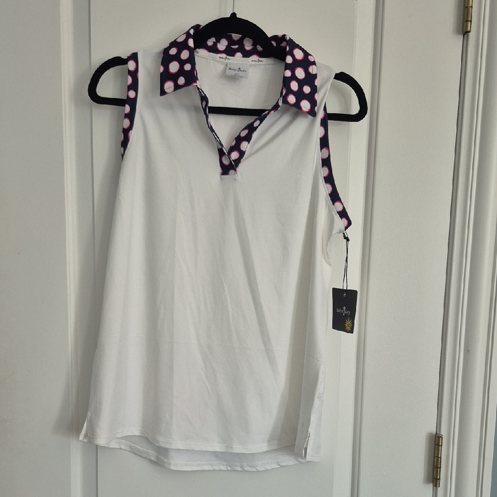 White Sleeveless Top with Pink Polka Dot Collar